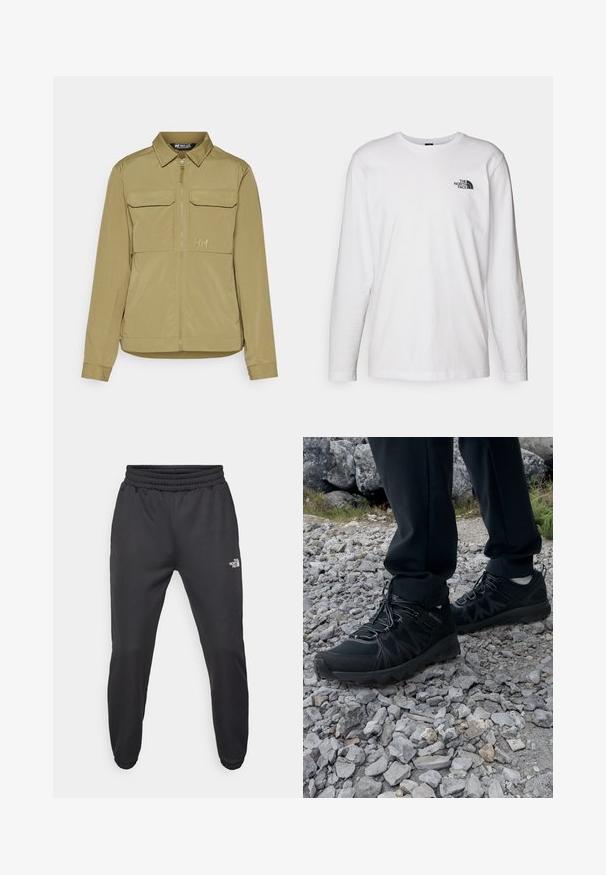 Giacca leggera in khaki con zip frontale, due tasche sul petto, colletto e branding discreto. Tessuto liscio con finitura opaca e vestibilità sagomata.; T-shirt bianco a maniche lunghe in cotone con colletto rotondo. Presenta un piccolo logo nero sul petto. Texture liscia, vestibilità regolare.; Pantaloni sportivi neri con vita regolabile tramitecordino, vestibilità affusolata, polsini elasticizzati e un piccolo logo bianco sulla coscia sinistra, realizzati in tessuto morbido.; Scarpe da esterni nere realizzate in mesh e materiale sintetico, con una parte superiore testurizzata, un sistema di allacciatura sicuro e una suola robusta, su terreno roccioso.