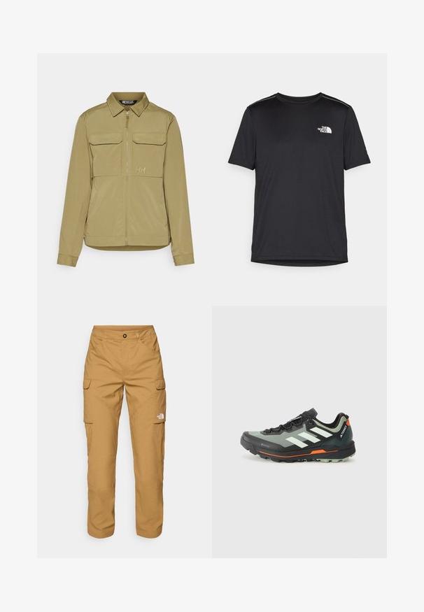Lagani khaki sako s patentnim zatvaračem sprijeda, dva džepa na prsima, ovratnikom i suptilnim brendiranjem. Glatka tkanina s mat završnom obradom i krojem prilagođenim tijelu.; Crna majica kratkih rukava izrađena od lagane tkanine. Ima mali bijeli logo na lijevoj strani grudi i suptilne naglaske na ramenima.; The North Face EXPLORATION PANTS - Cargo hlače - utility brown; Lagana trail trkačka cipela s gornjim dijelom od sive i crne mrežice, narančastim akcentima i robusnom potplatom za prianjanje. Vodootporna Gore-Tex podstava.