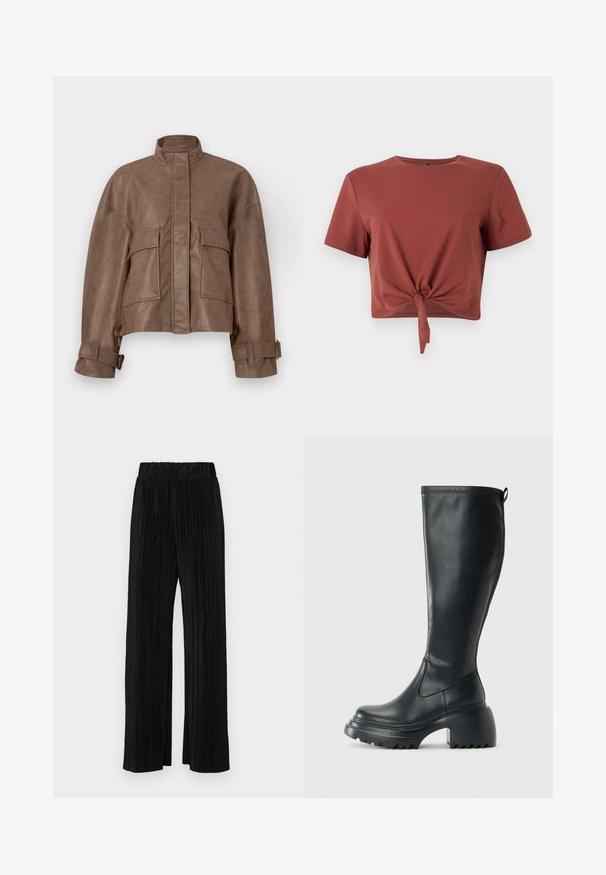 Giacca cropped in finta pelle marrone con colletto alto, zip frontale, due ampie tasche sul petto e polsini regolabili. Texture liscia e design strutturato.; T-shirt accorciato color ruggine in morbido cotone con maniche corte e dettaglio frontale annodato. Tessuto morbido, scollatura rotonda.; Pantaloni neri a plissé con vita elasticizzata. Presentano gamba ampia e un tessuto liscio e texture con strisce verticali.; Stivale lungo in pelle nera con suola piatta robusta e tacco a blocco, dotato di linguetta e battistrada testurizzato sulla suola.