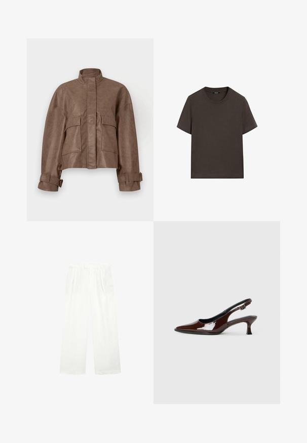 Brun faux læder cropped jakke med høj krave, frontlynlås, to store brystlommer og justerbare manchetter. Glat tekstur og struktureret design.; Mørkebrun kortærmet t-shirt lavet af bomuld. Har en rund halsudskæring og en afslappet pasform, uden synlige mønstre eller detaljer.; Hvide bukser med vidde lavet af et let materiale, som har en flad front, læg og en taljebånd, der giver en løs og luftig pasform.; Brun patenteret læder slingback sko med spids tå og en moderat hæl. Har en spænde rem for en sikker pasform. Glat tekstur.