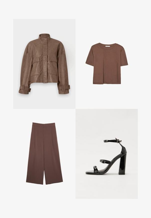 Brun faux læder cropped jakke med høj krave, frontlynlås, to store brystlommer og justerbare manchetter. Glat tekstur og struktureret design.; Brun kortærmet t-shirt lavet af blødt stof, med rund halsudskæring og afslappet pasform. Ingen synlige mønstre eller detaljer.; Brune bredbunde bukser med en glat tekstur, der har høj talje og plisseringer foran. Stoffet er let og falder løst.; Sorte patenterede hælsandaler med firkantet tå, ankelremme og sølvspænder. Har en chunky blokHæl for stabilitet.