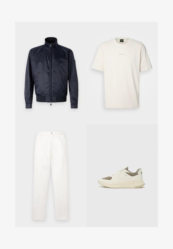 Casaco azul-marinho com fecho de correr à frente, colarinho alto, superfície texturizada, punhos elásticos e cintura elástica; inclui bolsos laterais e detalhe de marca discreto.; BOSS TEE - T-shirt básica - open white; Calças brancas feitas de um tecido suave, com um design de perna reta, pregas frontais e um fecho de botão único na cintura.; Sapatilha atlética branca e bege claro, com parte superior em malha, detalhes perfurados e uma entressola texturizada com marcação no calcanhar.