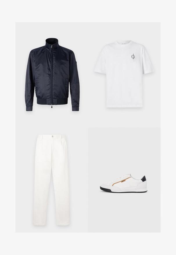 Casaco azul-marinho com fecho de correr à frente, colarinho alto, superfície texturizada, punhos elásticos e cintura elástica; inclui bolsos laterais e detalhe de marca discreto.; Camisa de algodão branca com um corte relaxado, apresentando um pequeno logótipo gráfico preto na área do peito esquerdo. Mangas curtas, estilo de gola redonda.; Calças brancas feitas de um tecido suave, com um design de perna reta, pregas frontais e um fecho de botão único na cintura.; Tênis atléticos brancos com detalhes em malha e couro. Apresenta um logotipo dourado "BOSS", painéis laterais texturizados e um capô de calcanhar preto. Sola em borracha.