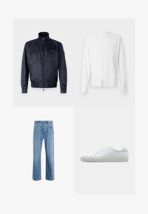 Mörkblå jacka med dragkedja framtill, hög krage, texturerad yta, elastiska ärmslut och midja; inkluderar sidofickor och diskret varumärkesdetalj.; Vit långärmad skjorta i bomull med rund halsringning, sidofickor längst ner och en slät yta, visad bakifrån.; Ljust blå denimjeans med rak passform, fem fickor, knappstängning, minimal blekning och kontrasterande sömdetaljer.; Vit sneaker med en slät läderövre och låg profil. Har en rundad tå, sex snörhål och en strukturerad gummisula.