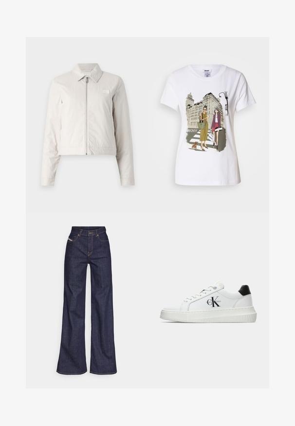 Lys grå cropped jakke lavet af letvægtsstof, med lynlåslukning foran, spidse kraver og et lille logo-patch på brystet.; Hvid bomulds T-shirt med et trykt illustrativt motiv af to kvinder i urban mode med en hund på et fodgængerfelt og bybygninger.; Mørkeblå bredbenede jeans i denimstof med høj talje, prydet med orange stikninger, fem-lomme design og knaplukning.; Hvide lavtoppede sneakers med sort hælkænke, platformssål, snørebånd og Calvin Klein "CK" logo på siden.