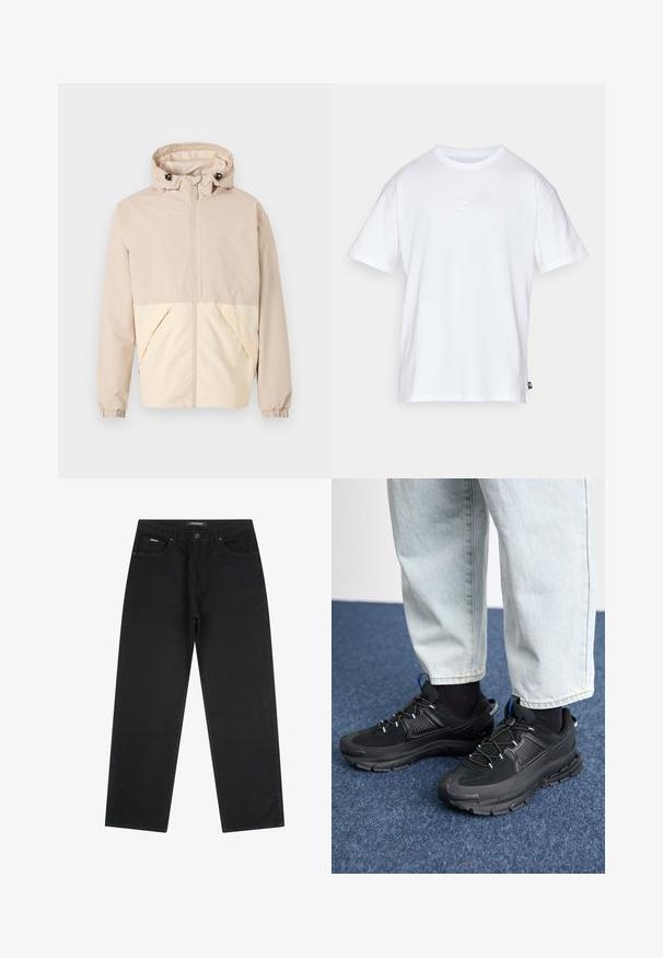 Béžová lehká bunda s kapucí, která má dvoubarevný design s krémovou dolní částí, elastickými manžetami a předním zipem.; Bílý bavlněný tričko s krátkým rukávem a kulatým výstřihem. Na hrudi má malé, nenápadné logo Nike a boží štítek.; Černé džíny s rovnými nohavicemi, s předními knoflíky a zipem, poutky na opasek a pětipocketovým designem, položeny na bílé pozadí.; Černé sportovní boty s texturovanou tkaninou a gumovou podrážkou, s elastickými tkaničkami a modrým akcentem na patě. Nosí se s světlými džíny.