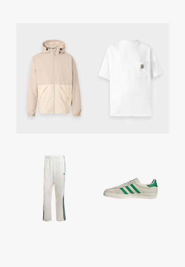 Beige lichtgewicht jack met een capuchon, met een tweeëndelige ontwerp met een crèmekleurig onderste gedeelte, elastische manchetten en een voorrits.; Witte katoenen T-shirt met een ronde hals, korte mouwen en een borstzak met een logo-patch. Minimalistisch ontwerp en naadloze textuur.; Witte sportbroek met groene zijkanten, elastische tailleband en een logo aan de bovenkant aan de linkerkant. Gemaakt van lichtgewicht stof.; Beige sneaker met groene strepen, voorzien van een witte zool en een bovenkant van glad leer. Zijaanzicht dat de veters en het logo benadrukt.