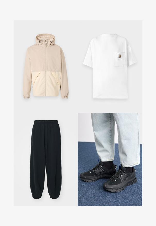 Giacca leggera beige con cappuccio, caratterizzata da un design bicolore con una sezione inferiore color crema, polsini elasticizzati e una chiusura frontale con zip.; T-shirt bianca in cotone con collo rotondo, maniche corte e taschino sul petto con una patch del logo. Design minimalista e texture senza cuciture.; Pantaloni da jogging neri con vita elasticizzata, dalla vestibilità morbida, caviglie a costina, texture liscia e senza motivi visibili o dettagli in metallo.; Scarpe sportive nere con tessuto testurizzato e suole in gomma, dotate di lacci elastici e un accento blu sul tallone. Indossate con pantaloni in denim chiaro.