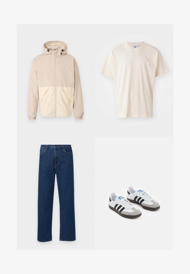 Bež kerge jakk kapuutsiga, millel on kahetooniline disain, kreemivärvi alumine osa, elastsed mansetid ja esine lukku.; Kreemist puuvillast T-särk, millel on ümar kaelus ja lühikesed varrukad; esiküljel on väike, heledavärviline logo.; Tumedat sinised sirged teksapüksid esikottide ja nupuklõpsuga, esitatud helesinisel taustal.; Spordijalatsid valge nahkpealsega, halli nubuk-naha otsaga ja kolme musta triibuga. Omab sinist logo keele peal ja struktureeritud kummitalda.