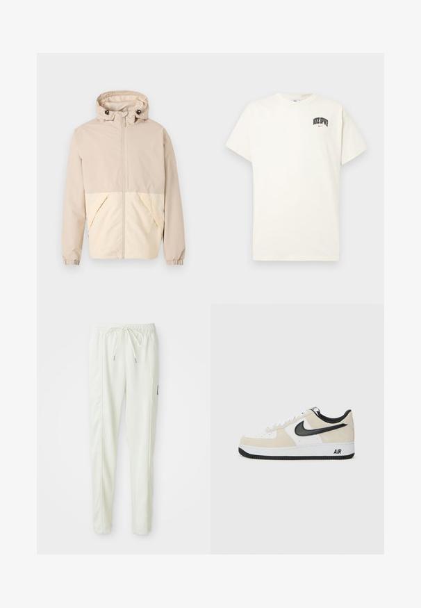 Bež kerge jakk kapuutsiga, millel on kahetooniline disain, kreemivärvi alumine osa, elastsed mansetid ja esine lukku.; Kreemivalge puuvillane t-särk lühikeste varrukatega, millel on rinnal musta ja punase tekstiga "NIKE SB". Tavaline ümmargune kaelus.; Valged kitsad jooksvapüksid elastse vöökoha ja paelaga, külgseamide detailide ja väikese musta plaastriga paremal jalal.; Kergedega helebeež Suede ja valge naha pealispind, must Nike swoosh, mustad aksendid ja valgest kummist põhi, mis peal "AIR" bränding.