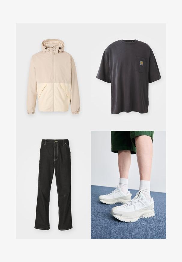 Beige letvægtsjakke med hætte, der har et tofarvet design med en cremet nederste del, elastiske manchetter og en frontlynlås.; Sort bomulds T-shirt med korte ærmer, en rund halsudskæring og en venstre brystlomme med et firkantet logo-patch. Enkel og uudsmykket design.; Sorte denimjeans med løs pasform, der har kontrasterende hvid syning, en knaplukning og et lige ben-design.; Hvide atletiske sko med teksturerede overlays, en chunky sål og grå accenter. Båret med hvide ankelstrømper og grønne shorts på en blå overflade.