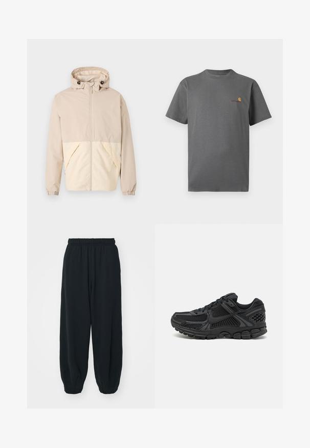 Beige lett jakke med hette, med to-farget design som har en kremfarget nedre del, elastiske mansjetter og glidelås foran.; Grå t-skjorte med korte ermer laget av bomull; har en subtil logo i oransje og burgunder på brystet. Enkel design med rund hals.; Sorte, joggebukser med elastisk liv, løs passform, mansjetter på ankler, glatt tekstur og uten synlige mønstre eller hardware-detaljer.; Sorte atletiske sko med mesh-overdel, gummisåle og teksturerte detaljer. Designet inkluderer uttalt snøringssystem og polstret såle.