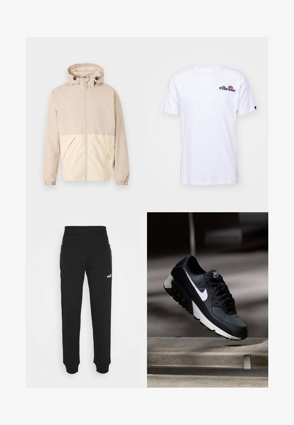 Beige lightweight jacket with a hood, featuring a dual-tone design with a cream lower section, elastic cuffs, and a front zipper.; White cotton t-shirt with short sleeves, featuring a navy blue embroidered logo on the left chest and a vibrant color accent above the logo.; Black sweatpants made of soft fabric feature a tapered leg design, elastic waistband, side pockets with zippers, and a small logo accent.; Black and green sneaker with a patterned mesh upper, white swoosh logo, padded collar, and a visible air cushioning unit in the sole.