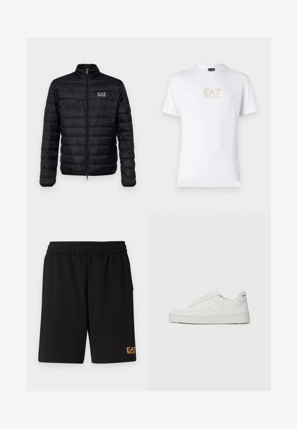Podšité čierne sako s vysokým golierom, predným zipsom a logom EAZ na ľavej hrudi. Obsahuje horizontálny prešívaný dizajn a hladkú textúru.; Biela bavlnená tričko s okrúhlym výstrihom a krátkymi rukávmi, na prednej strane s potlačou zlatého loga EA7 Emporio Armani.; Čierne športové šortky vyrobené z jemného materiálu, s elastickým pásom a malým žltým logom EA7 na dolnej ľavej nohe.; Biele kožené tenisky s hladkým povrchom, okrúly špičkový dizajn, ploché šnúrky a textúrovaná podrážka. Obsahujú jemné logo na päte.