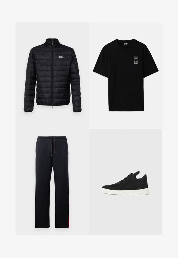 Casaco preto acolchoado com gola alta, fecho à frente e logótipo EAZ no lado esquerdo do peito. Apresenta um design acolchoado horizontal e uma textura suave.; T-shirt de algodão preto com mangas curtas, decote redondo e uma pequena etiqueta com logótipo na parte da frente, apresentando símbolos de cuidado em branco.; Calças de treino negras com uma cintura elástica ajustável, pernas ajustadas e riscas vermelhas nas laterais. Tecido suave e elástico com uma textura lisa.; Sapatilha de camurça preta com sola de borracha branca, apresentando costuras tonais e um design com atacadores. Textura suave com uma forma moderna e simplificada.