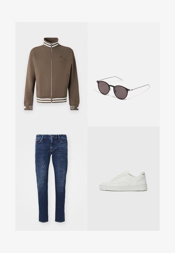 Giacca a zip marrone con colletto e orlo a righe bianche, logo ricamato sul petto e sui polsini, e tasche laterali.; T-shirt in cotone nero con scollatura rotonda, maniche corte e logo "EMPORIO ARMANI" in bianco sopra "Milano" in una disposizione curva.; Jeans in denim blu scuro con vestibilità slim, caratterizzati da schizzi di vernice, cuciture visibili e design classico a cinque tasche. Taglio dritto.; Sneaker in pelle bianca con una finitura liscia, punta rotonda, lacci piatti e suola testurizzata. Presenta un logo discreto sul tallone.; Occhiali da sole neri rotondi con lenti scure e sottili bracci in metallo. Include punte trasparenti e accenti argentati alla cerniera. Design minimalista.