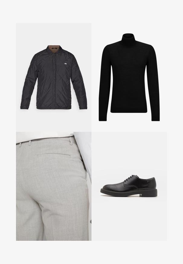 The North Face AFTERBURNER INSULATED - Outdoor jacket - black/smokey brown; Black turtleneck sweater made of soft material, featuring long sleeves and a snug fit. Ribbed trim at the hem and cuffs. Simple design.; Light gray tailored trousers made of textured fabric, featuring a single back pocket and clean stitching.; Black leather lace-up shoe with a rounded toe, smooth texture, minimal stitching, and a low rubber heel. Logo on the heel.