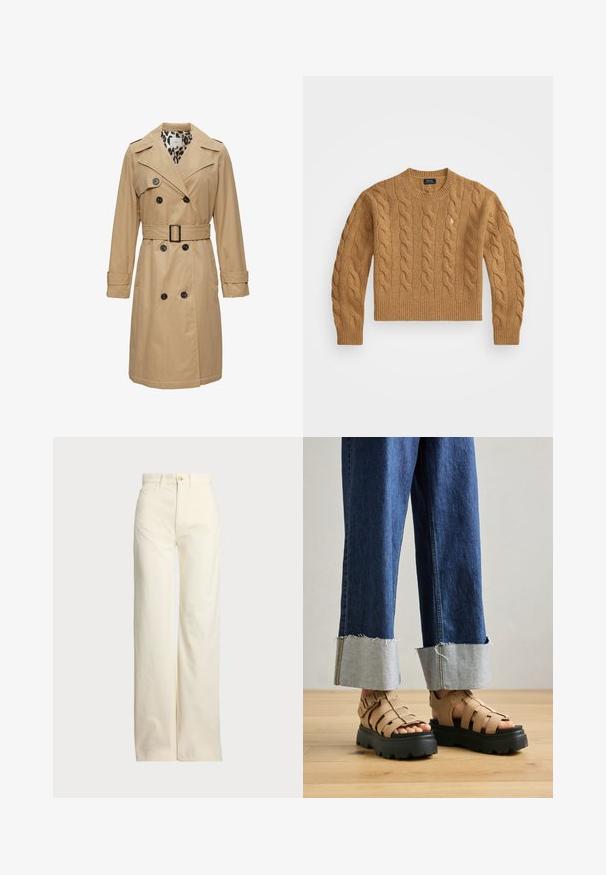 Bežs trenčks ar dubultām pogām, platām atloku malām, jostasvietā ar jostu un ar leopardu raksta oderi. Tiem ir garas piedurknes un kabatas ar atloku.; Brūns adīts džemperis ar apaļu kakla izgriezumu, ribotām aprocēm un apakšmalu, ar nelielu logo uz krūtīm, izgatavots no struktūrētas auduma.; Polo Ralph Lauren COTTON CORDUROY WIDE-LEG PANT - Auduma bikses - warm white; Beigās platformas sandaļi ar bieziem melniem zolei, ar vairākām siksnām atbalstam. Saskaņoti ar gaiši zilām pēc-vidukļa džinsu biksēm.