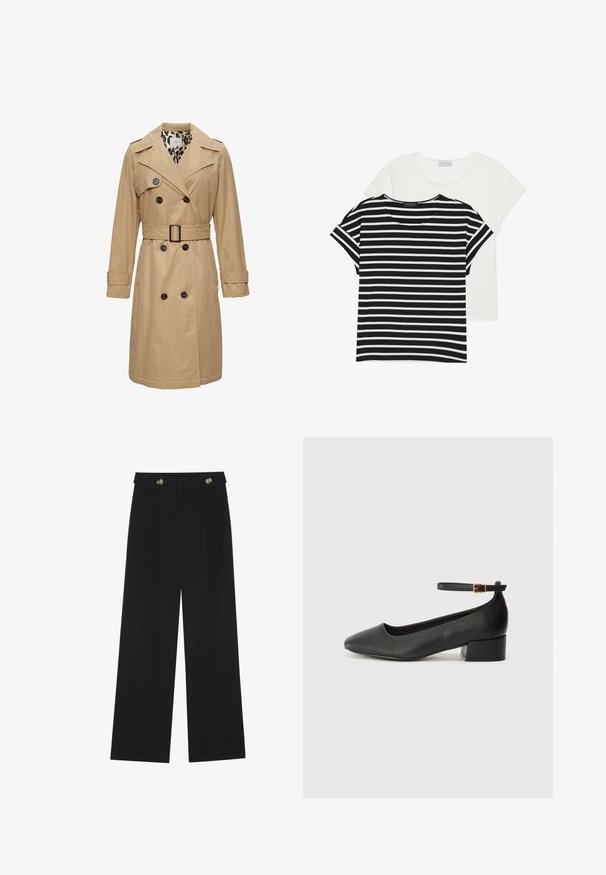 Cappotto beige con bottoni doppi, ampi rever, cintura in vita e fodera a stampa leopardata. Presenta maniche lunghe e tasche a patta.; Due magliette: una a righe bianche e nere con maniche corte, e una completamente bianca, entrambe con scollo rotondo e vestibilità casual.; Pantaloni neri a gamba larga con vita alta, dettagli con bottoni in vita e pieghe frontali.; Pump in pelle nera con punta affusolata e tacco basso a blocco. Presenta una cinghia alla caviglia con una fibbia in tonalità oro. Texture liscia.