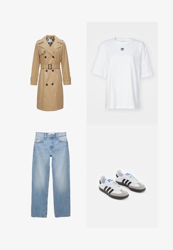 Beżowy płaszcz trenczowy z podwójnymi guzikami, szerokimi klapami, paskiem w talii oraz podszewką w leopardzi wzór. Posiada długie rękawy i kieszenie z klapami.; Biała, krótko rękawowa koszulka z bawełny. Posiada okrągły dekolt oraz małe, czarne logo Adidas na klatce piersiowej. Proste zakończenie.; Jasnoniebieskie dżinsy o prostym kroju, pięć kieszeni oraz widoczne detale przeszycia. Tkanina ma miękką, lekko wyblakłą strukturę.; Buty sportowe z białą skórzaną cholewką, szarym zamszowym noskiem i trzema czarnymi paskami. Posiadają niebieskie logo na języku oraz teksturowaną gumową podeszwę.