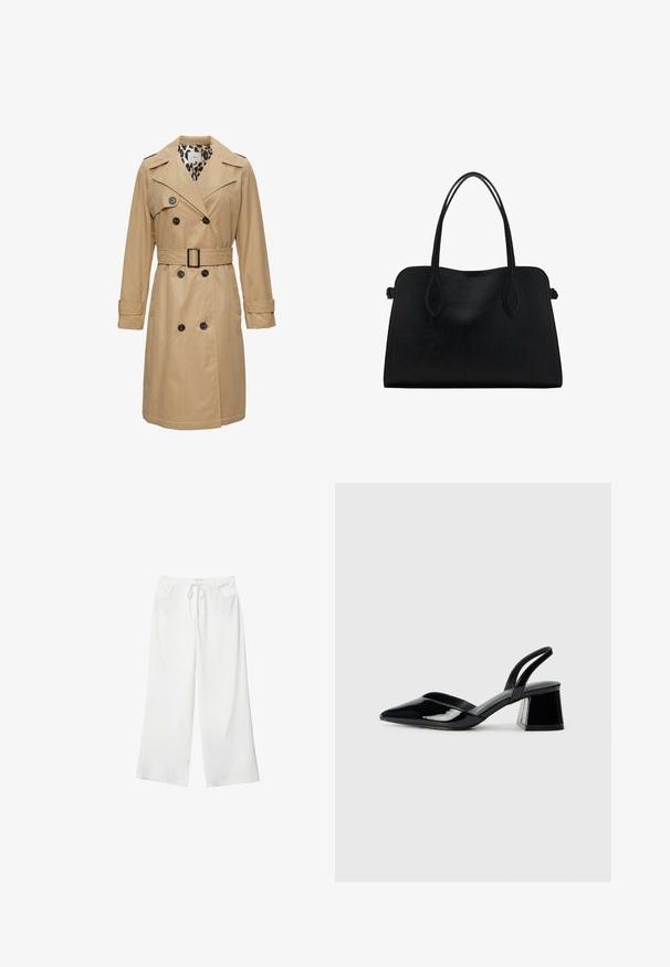 Béžový trench coat s dvouřadovým zapínáním, širokými klopami, páskem v pase a podšívkou s leopardím vzorem. Má dlouhé rukávy a klopové kapsy.; Bílý krátký rukáv tričko vyrobené z bavlny. Má kulatý výstřih a volný střih. Hladký materiál bez viditelných vzorů nebo akcentů.; Bílé široké kalhoty vyrobené z měkké látky, které mají pružný pas a dvě přední kapsy. Hladký povrch a žádné viditelné vzory.; Černé lakované kožené lodičky na pásku s špičatou špičkou a geometrickým blokovým podpatkem. Vyznačují se elegantním, minimalistickým designem a hladkým povrchem.; Černá kožená kabelka s dvojitými ramenními popruhy, obdélníkový tvar a minimalistický design na bílém pozadí.
