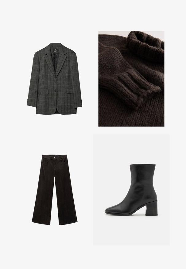 Grau Hahnentrittmuster-Blazer mit Reverskragen, einreihigem Knopfverschluss, zwei frontalen Taschen und Zierknöpfen an den Ärmeln. Glatte Innenauskleidung.; Dunkelbrauner, gestrickter Pullover mit rippenartiger Struktur, umgeschlagenem Rollkragen und langen Ärmeln mit gerafften Bündchen. Weiches, grobmaschiges Material.; Schwarze Corduroy-Hosen mit weitem Bein und hohem Bund, Fronttaschen und einem strukturierten Stoff, ausgestattet mit einem Knopfverschluss und Gürtelschlaufen.; Schwarze Leder-Ankle Boots, spitzer Zeh, glatte Textur, mittelhoher Blockabsatz, minimalistisches Design und gestickte Abschlüsse entlang des Kragens.