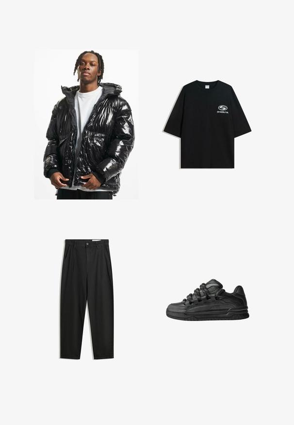 Schwarze glänzende Steppjacke mit Kapuze, Reißverschluss und gerippten Bündchen. Verfügt über ein gestepptes Design und zwei Fronttaschen.; Schwarzes oversized Baumwoll-T-Shirt mit Rundhalsausschnitt und kurzen Ärmeln, auf der Vorderseite mit einem weißen "Shibuya"-Logo bedruckt.; Schwarze Baumwollhose mit lockerem Schnitt, ausgestattet mit einem klassischen Bund, vorderen Falten und Seiten taschen. Glatte Textur ohne Muster.; Schwarze Sneakers mit einem glatten Leder-Obermaterial, strukturierten Akzenten und runden schwarz-weißen Schnürsenkeln. Dicke Gummisohle mit einem gemusterten Profil.