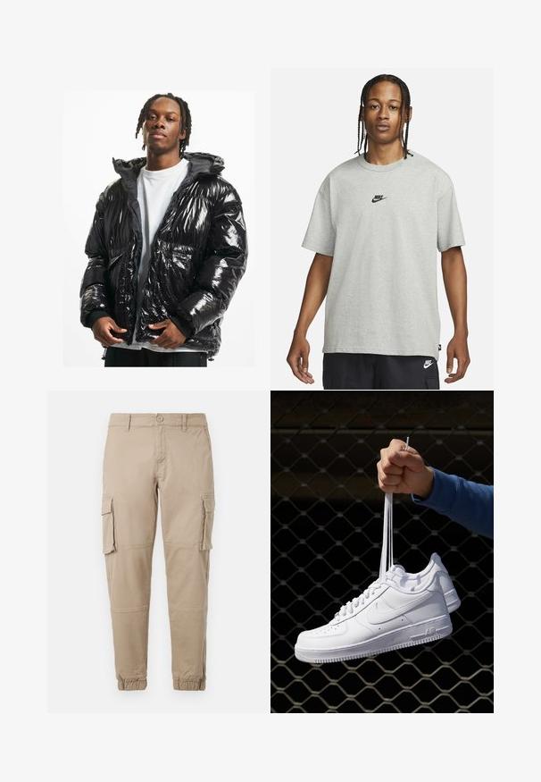 Must musta puffer-jakk, millel on kapuuts, luku sulgemine ja soonikust mansetid. Omab tikandit ja kahte esist taskut.; Noor, kellel on punutud juuksed, kannab heledat halli Nike T-särki ja musti Nike lühikesi pükse,neutraalset valget tausta vastu.; Beežid cargo-püksid kergest puuvillaste materjalist. Omab elastseid varrukatükke, mitmeid külgpocket'ite ja nööbiga sulgemist.; Valged nahast tennisetossud, millel on perforatsioonid, ümar nina, lame tallus ja paksud nöörid, nähtava swooshi logoga ja "AIR" kontsadel.