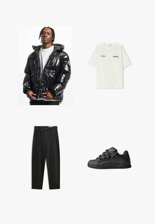 Schwarze glänzende Steppjacke mit Kapuze, Reißverschluss und gerippten Bündchen. Verfügt über ein gestepptes Design und zwei Fronttaschen.; Weißes Baumwoll-T-Shirt mit kurzen Ärmeln. Auf der Vorderseite befindet sich schwarzer Text: „NICHT MORGEN NICHT HEUTE“ und „DIE KUNST DES DIRT MOVING“ in grüner Schrift.; Schwarze Baumwollhose mit lockerem Schnitt, ausgestattet mit einem klassischen Bund, vorderen Falten und Seiten taschen. Glatte Textur ohne Muster.; Schwarze Sneakers mit einem glatten Leder-Obermaterial, strukturierten Akzenten und runden schwarz-weißen Schnürsenkeln. Dicke Gummisohle mit einem gemusterten Profil.