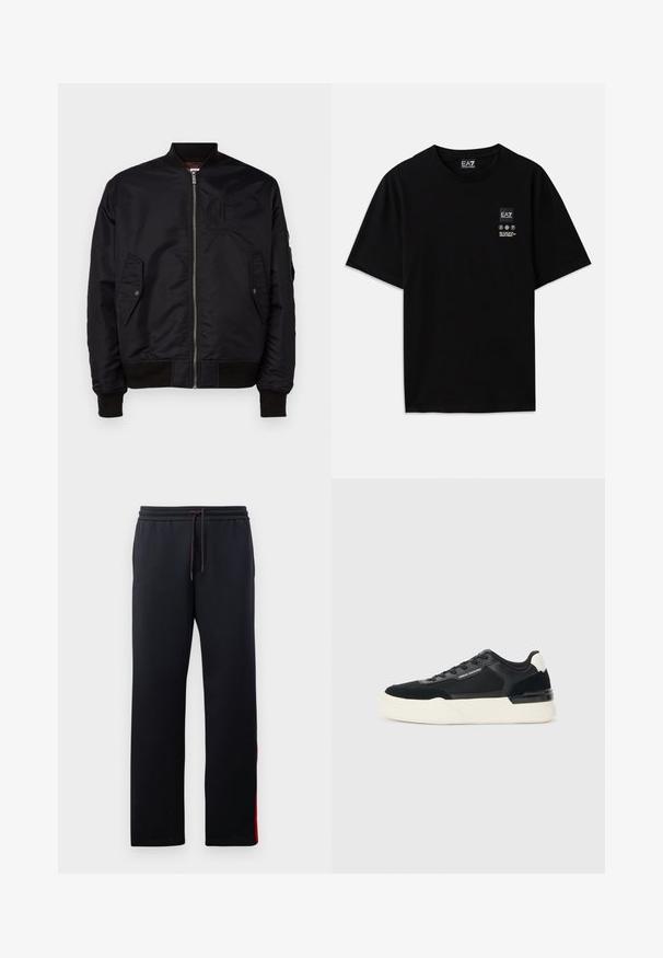 Mustat bomber-tyyliset takki, joka on valmistettu sileästä kankaasta. Ominaisuuksiin kuuluvat edessä oleva vetoketju, resorit hihoissa ja kaksi sivutaskua. Sisältää logoyksityiskohdan rinnassa.; Musta puuvillapaita lyhyillä hihoilla, pyöreällä kaula-aukolla ja edessä pieni logo, jossa on valkoisia hoito-ikoneita.; Mustat collegehousut, joissa on kiristysnauha vyötäröllä, kaventuvat lahkeet ja punaiset korostusraidat sivuilla. Pehmeä, joustava kangas, jossa on sileä pintakudos.; Mustat lenkkarit, joissa on verkkokangasta ja nahkaa, paksu valkoinen pohja ja kontrastivärit. Nauhat ja logo yksityiskohtana sivulla.