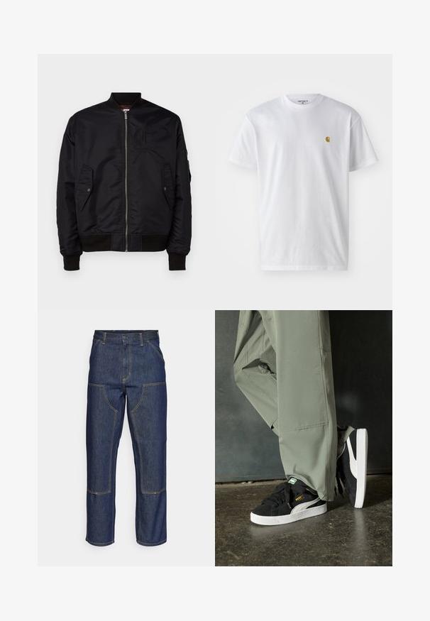 Juodas bomber tipo švarkas, pagamintas iš lygaus audinio. Turi priekinį užtrauktuką, įtemptus rankogalius ir dvi šonines kišenes. Pridedama logotipo detalė ant krūtinės.; Balta medvilnės marškinėliai su trumpomis rankovėmis, apvalia iškirpte, kuriuose kairėje krūtinės pusėje yra mažas auksinis logotipas. Minkšta tekstūra ir reguliari forma.; Tamsiai mėlynos džinsinės kelnes su aukštu liemeniu, tiesaus kirpimo dizainu, kontrastinėmis siūlėmis ir kišenėmis priekyje.; Juodi suede sportbačiai su baltais guminiais padais ir šoninėmis juostelėmis, derinami su šviesiai žaliais kargo kelnais, stovintys ant tekstūruoto tamsaus paviršiaus.