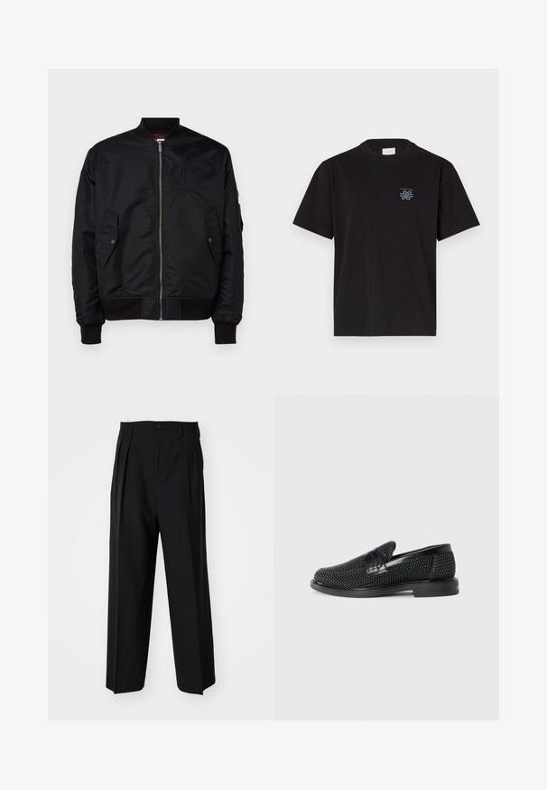 Melnā bomber jakā, kas izgatavota no gludas auduma. Tajā ir priekšējais rāvējslēdzis, ribotas aproces un divas sānu kabatas. Iekļauts logo uz krūšu daļas.; Melna kokvilnas T-kreklu ar apaļu kaklu un īsām piedurknēm. Saturs mazu zilu logotipu kreisajā krūtī. Vienkāršs, taisns griezums.; Melnas plisētās bikses ar taisnu, plata kāja dizainu. Izgatavotas no gludas auduma, ar pogu aizdari un jostas cilpiņām.; Melnas austas slaidu kurpes ar gludu ādas akcentu augšpusē, apaļas formas purngalu un zemas profila gumijas zoli.