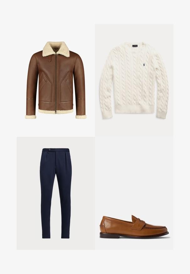 Brown leather jacket with a cream shearling collar and cuffs. Features a zip closure and angled side pockets with a smooth texture.; White cable knit long-sleeve sweater with ribbed cuffs and hem, featuring a small navy embroidered Polo Ralph Lauren logo on the chest.; Navy blue tailored pants with a flat front, two front pleats, and a single button closure, featuring a smooth, textured fabric.; Brown leather loafers with a flat sole, rounded toe, and decorative stitching. Features a stitched detail across the top and a smooth finish.