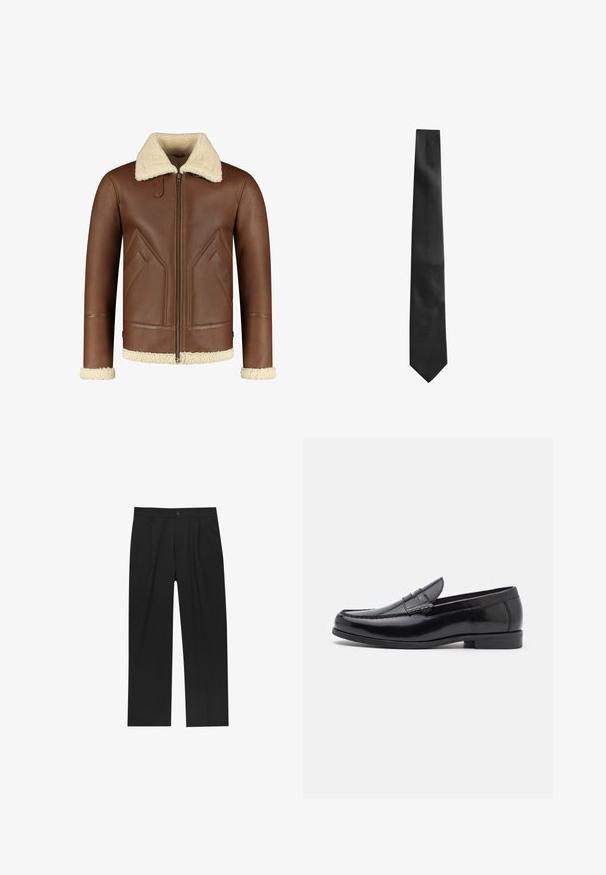 Giubbotto di pelle marrone con colletto e polsini in shearling crema. Presenta una chiusura con zip e tasche laterali inclinate con una finitura liscia.; Maglione nero con scollo a V e maniche lunghe, realizzato in un tessuto a maglia liscia. Presenta un orlo e polsini a coste, con un piccolo dettaglio del logo nella parte inferiore.; Camicia bianca a maniche lunghe con bottoni, realizzata in un tessuto liscio. Caratterizzata da un colletto classico, bottoni frontali e polsini con un bottone. Design slim fit.; Pantaloni neri con un design a gamba dritta, realizzati in un tessuto liscio. Presentano pieghe frontali e una chiusura a un bottone in vita.; Mocassini in pelle nera con punta arrotondata, cuciture decorative e tacco basso. Texture liscia con un leggero lucido. Design classico senza decorazioni.; Cravatta nera con una finitura testurizzata, forma stretta e punta appuntita. Il tessuto appare liscio con un motivo sottile.; Guanti in pelle nera con una texture liscia, design a cinque dita e cuciture sottili. Presentano una cinghia al polso con un accento in metallo.