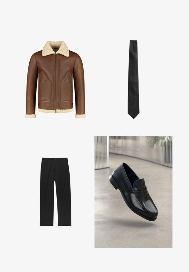 Bruine leren jas met een crèmekleurige schapenfellen kraag en manchetten. Voorzien van een ritsluiting en schuine zijzakken met een gladde textuur.; Witte langesleeve overhemd met knopen, gemaakt van een gladde stof. Kenmerkt zich door een klassieke kraag, voor knopen en manchetten met één knoop. Slim fit ontwerp.; Zwarte broeken met een recht model, gemaakt van een gladde stof. Voorzien van een voorplooien en een enkele knoopsluiting bij de taille.; Zwarte leren loafers met een gladde afwerking, een afgeronde neus, decoratieve stiksels en een licht verhoogde zool.; Zwarte stropdas met een gestructureerde afwerking, smalle vorm en puntsluiting. De stof lijkt glad met een subtiel patroon.