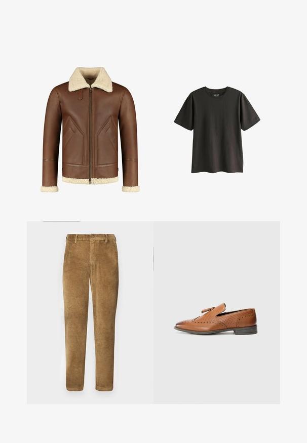 Bruine leren jas met een crèmekleurige schapenfellen kraag en manchetten. Voorzien van een ritsluiting en schuine zijzakken met een gladde textuur.; Donkergrijze T-shirt met korte mouwen, gemaakt van katoen. Heeft een ronde hals en een relaxte pasvorm, met een gladde textuur en geen zichtbare patronen.; Bruine corduroybroek met verticale ribbeltextuur, rechte snit, knoopsluiting en riemlussen. Gladde stof met een zachte afwerking.; Bruine leren schoen met geperforeerde details, gestructureerde zijkanten, platte zool en een decoratieve strik op de bovenkant. Klassiek ontwerp met een gladde afwerking.