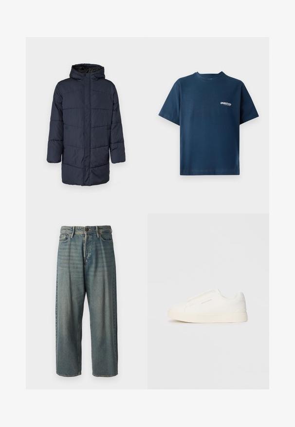 Only & Sons ONSJONAS PUFFER COAT - Téli kabát - dark navy; Sötétkék pamut póló rövid ujjakkal és kerek nyakkivágással. Bal mellen egy kis fehér logó található. Puha tapintású.; Világoskék farmernadrág, laza fazonnal, közepes derékbőséggel és egyenes szárral. Öt zsebet, övbucskát és gombos záródást tartalmaz.; Fehér slip-on sportcipők texturált felülettel, vastag talppal és minimalista dizájnnal. Az oldalon a márka logója található.