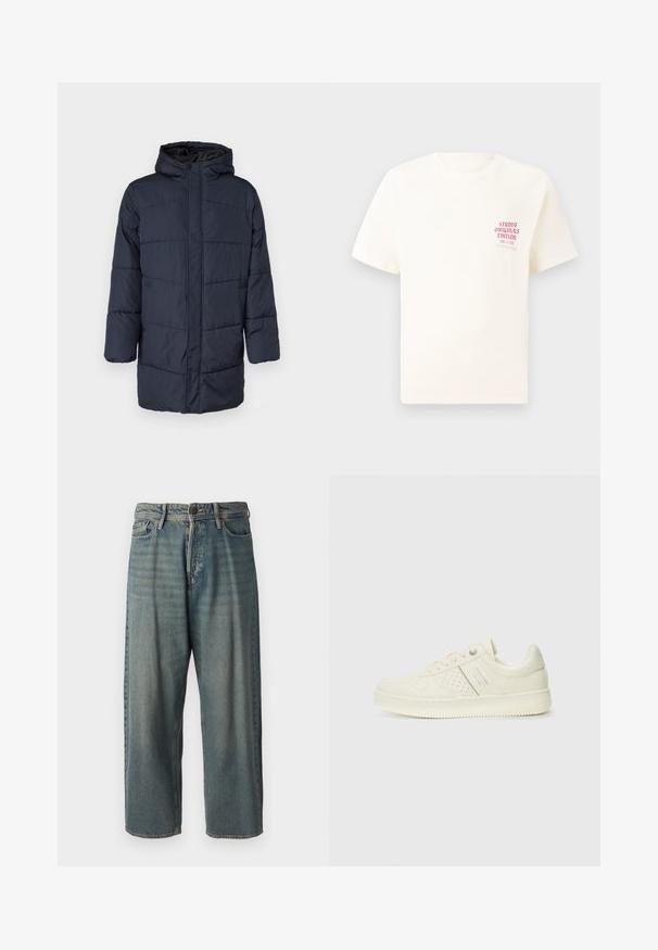 Only & Sons ONSJONAS PUFFER COAT - Zimný kabát - dark navy; Biele tričko s krátkym rukávom s červeným textom "Studio Originals Edition" na ľavej hrudi, zobrazené na neutrálnom šedom pozadí.; Svetlomodré denimové nohavice so voľným strihom, stredne vysokým pásom a rovnými nohavicami. Obsahujú päť vreciek, pútka na opasok a zapínanie na gombík.; Krémová teniska s perforovanými detailmi, šnúrkami a logom na boku, vystavená na jednoduchej bielej pozadí.
