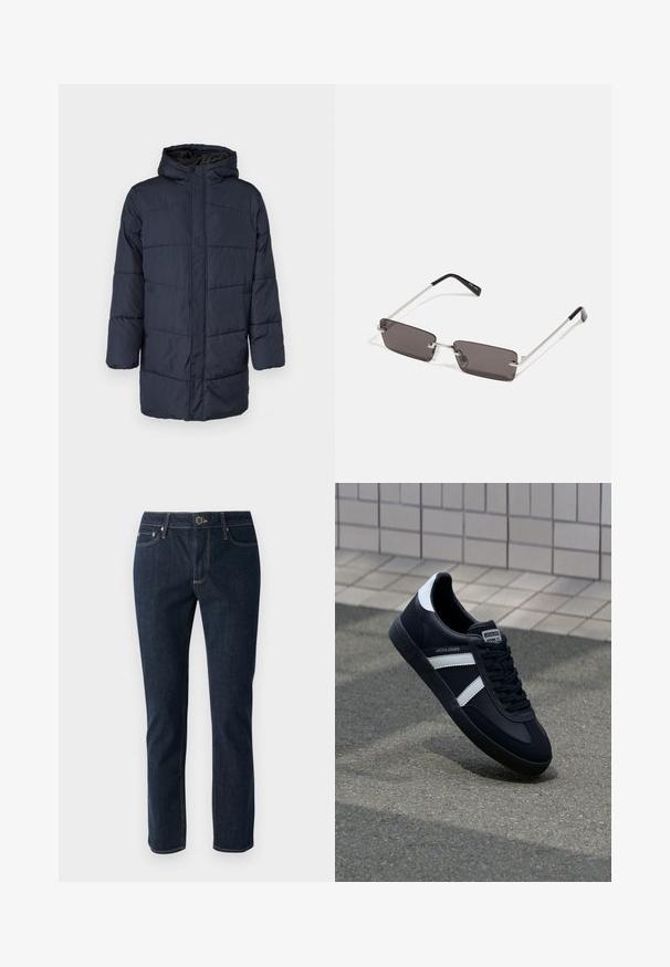 Only & Sons ONSJONAS PUFFER COAT - Talvemantel - dark navy; Valge puuvillane T-särk, millel on lühikesed varrukad, ümmargune kaelus ja esiküljel punane graafiline tekst "MAITSVA KONDISIOONIGA PUUVILI".; Tumed sinine denim teksad otsejoone disainiga, millel on nupuga sulg, viis taskut ja kontrastsed õmblused. Sile tekstuur.; Must have musta sneaker musta valgete triipudega, tekstuurne kummitald ja nööridega esiosa. Omab bränditud märki keele peal.; Kübarid, millel on ristkülikukujulised, tumedhalli värvi läätsed, hõbedased metallraamid ja mustad plastotsad käeotsades. Kerge disain koos nina padjadega.