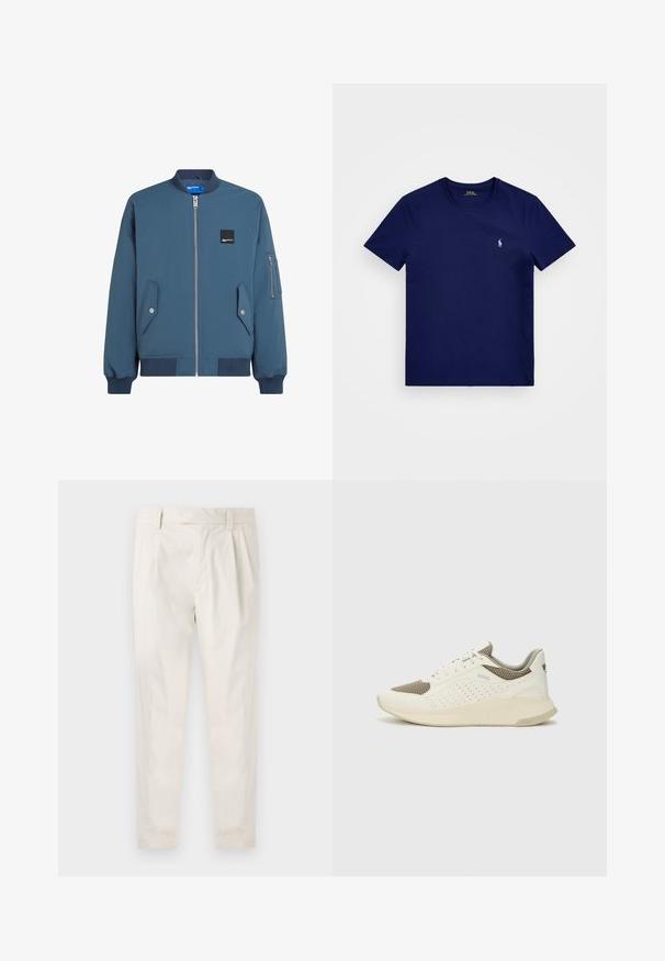 Modra bomberska jakna z zadrgo spredaj, rebrastimi rokavi in spodnjim robom, dvema stranskima žepoma ter dodatnim žepom z zadrgo na levem rokavu.; Temno modra bombažna majica s kratkimi rokavi in okroglim izrezom, z malim belim logotipom polo na levem prsnem delu. Gladka tekstura.; Bele, plisirane hlače s krojenim prileganjem, z gladko teksturo, z zankami za pas in ožjimi hlačnicami. Brez vidnih žepov ali vzorcev.; Beli in svetlo bež športni copat, s mrežastim zgornjim delom, perforiranimi detajli in teksturirano srednjim delom z blagovno znamko na peti.