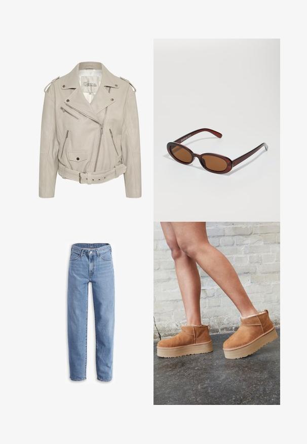 Bež kožna motociklistička jakna s višestrukim patentnim zatvaračima, remenom u struku i epauletama na ramenima. Glatka tekstura i strukturirani dizajn.; Dugi rukav majica s visokim ovratnikom, s leopardskim uzorkom u smeškastim i bež tonovima, sa nabranim detaljima sprijeda za oblikovanje.; Svijetloplave traperice, opuštenog kroja, ravne nogavice, s pet džepova i izbrisanima na rubovima za ležeran izgled.; Smeđi antilop čizmi do gležnja s mekanim postavljanjem, debljim bež platformski potplat i stražnjim povlačnim trakama. Teksturirana površina s vidljivim šavovima.; Okvir okruglih, smeđkastih sunčanih naočala s sjajnim burgundskim okvirom. Uski nositelji s suptilnim brendiranjem. Ravna leća.
