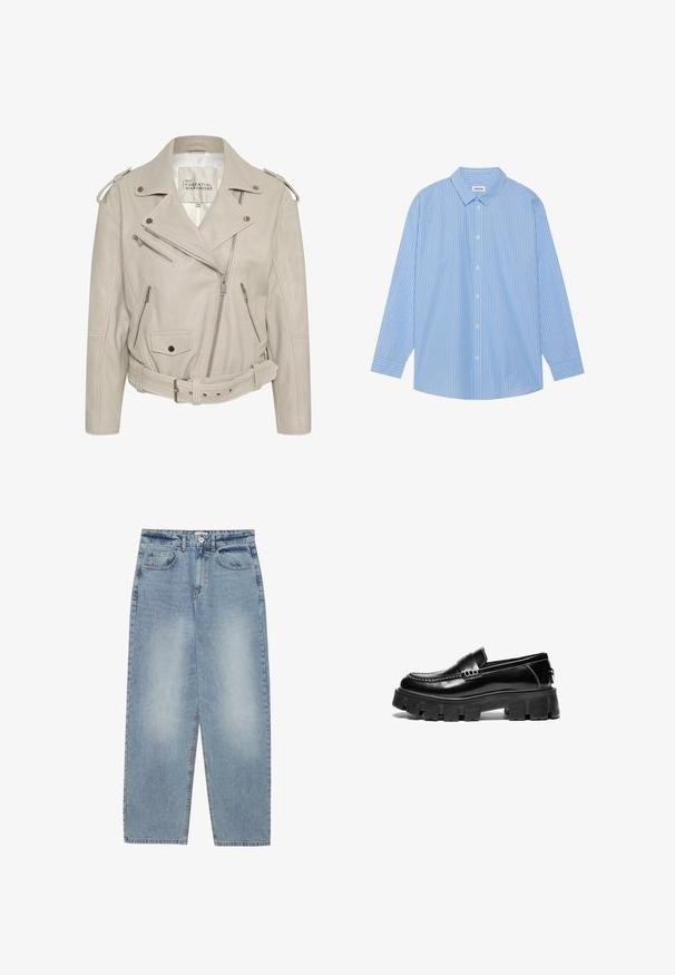 Beige nahk mootorrattajope mitme tõmbluku taskuga, vööd ja õlavarre epauletid. Sile tekstuur ja struktureeritud disain.; Sinine ja valge triibuline pikkade varrukatega särk klassikalise krae, nööbiväli ja ümmargune äär. Valmistatud kergest kangast.; Heledad sinine teksapüksid, millel on lõdva istuvuse ja sirge säärega disain, viis taskut ja nööp sulgemine vöökoha juures. Sile tekstuur.; Mustad mustad nahast loafid, millel on paksem kummist tald, dekoratiivne rihm üle ülaosa ja kontrastsest valgest õmblusest. Sile tekstuur ja ümar varvas.