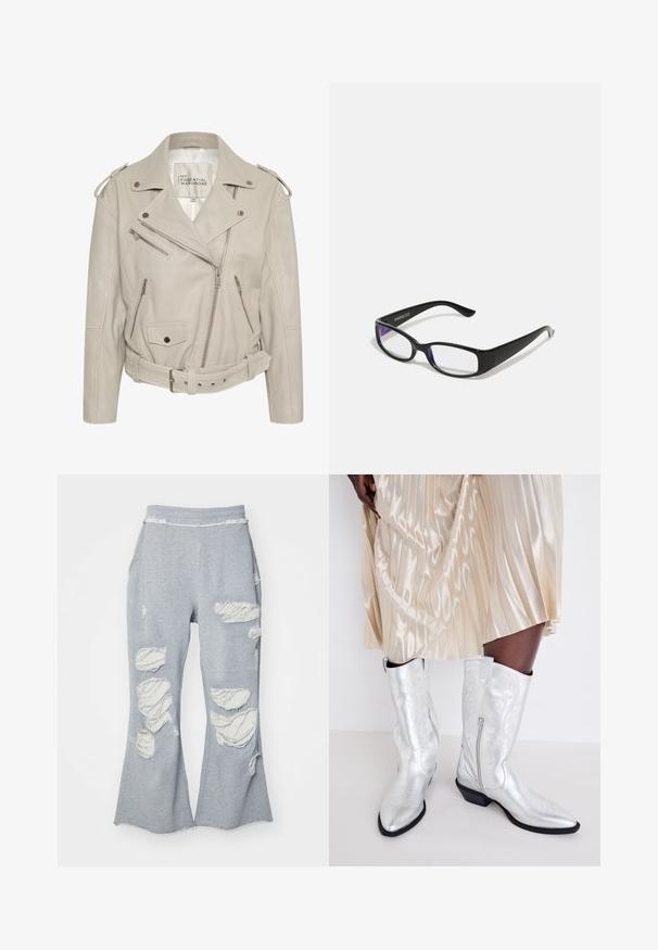 Beżowa skórzana kurtka motocyklowa z wieloma zamykanymi na zamek kieszeniami, paskiem w talii i epauletami na ramionach. Gładka tekstura i zorganizowany design.; Szara, prążkowana bluzka na ramiączkach z okrągłym dekoltem, dopasowanym krojem i bez rękawów. Wykonana z miękkiego materiału o gładkiej fakturze.; Szare dresy z szerokimi nogawkami, zdobione wieloma przetarciami odsłaniającymi jaśniejszy materiał. Elastyczny pas dla komfortu.; Srebrne kowbojki z wydłużonymi noskami, skomplikowanym przeszyciem, bocznymi zamkami i niskim czarnym obcasem, noszone z plisowaną satynową spódnicą.; Czarne prostokątne okulary z przezroczystymi soczewkami. Błyszczące wykończenie, wąskie ramiona i fioletowy odcień widoczny na krawędziach soczewek.