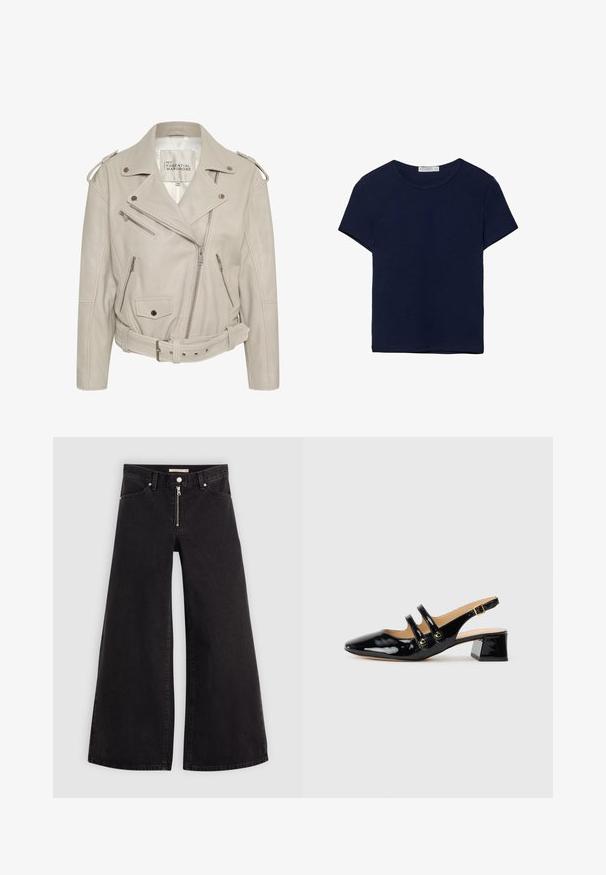 Béžová kožená motocyklová bunda s viacerými zipsovými vreckami, opaskom v páse a ramennými epauletmi. Hladká textúra a štruktúrovaný dizajn.; Tmavomodré bavlnené tričko s krátkym rukávom a okrúhlym výstrihom, s hladkým povrchom a rovnými okrajmi bez vzorov alebo akcentov.; Dlhé nohavice vo voľnom strihu z čierneho denimu so zipsom vpredu, päť vrecúškovým dizajnom a jemnými stehovými detailmi. Hladká textúra a neformálny štýl.; Čierne lakované slingback topánky s špicatou špičkou, dvomi strapcami, zlatými kruhovými akcentami a nízkym blokovým podpätkom.