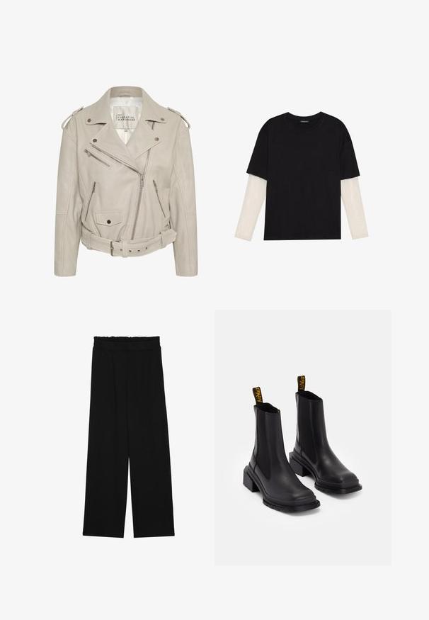 Beige Leder-Motorradjacke mit mehreren Reißverschlusstaschen, taillierter Taille und Schulterklappen. Glatte Textur und strukturierte Form.; Schwarzes T-Shirt aus Baumwolle mit kurzen Ärmeln über einer weißen Langarmschicht, die ein dezentes strukturiertes Muster aufweist. Rundhalsausschnitt.; Schwarze weit geschnittene Hose mit einem gerüschten Bund, ausgestattet mit zwei Seitentaschen und einem glatten, leichten Stoff. Keine sichtbaren Muster oder Beschläge.; Schwarze Knöchelstiefel aus glattem Leder mit elastischen Seitenpaneelen, einer quadratischen Zehenpartie und einem klobigen Absatz. Enthält gelbe Marken-Zuglaschen.