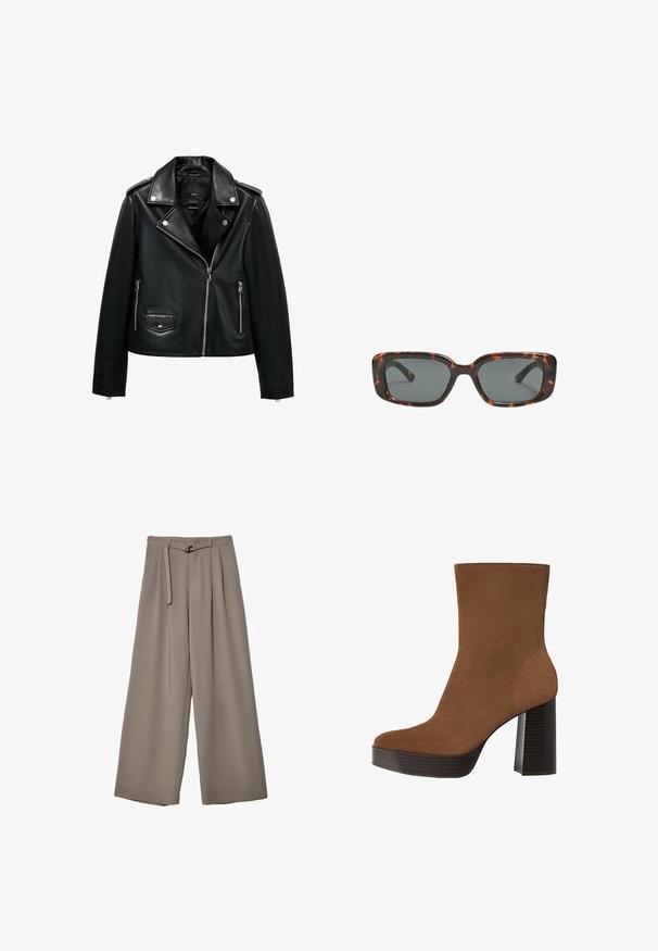 Černá kožená motocyklová bunda se zipem vpředu, patentkami, texturovaným povrchem, epauletami a bočními kapsami.; Tan ribbovaný top s krátkým rukávem, kulatým výstřihem a měkkou texturou, s přiléhavým střihem, který zdůrazňuje tvar a kontury.; Kalhoty s širokými nohavicemi v měkké, tlumené šedé látce, s páskem v pase a sklady pro přidaný designový detail. Hladká textura, bez vzorů.; Hnědé semišové kotníkové boty s kulatou špičkou, robustním černým pruhovaným podpatkem a hladkým povrchem. Mají přiléhavý design bez viditelného kování.; Sluneční brýle ve stylu želvoviny s obdélníkovými čočkami, silnými rámy a tmavými zbarvenými čočkami. Hladký povrch a minimalistický design.