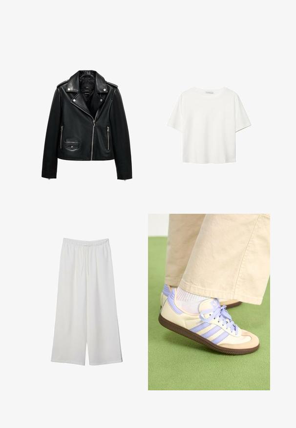 Sort lædermotorcykeljakke med lynlåslukning, trykknapper, struktureret overflade, skulderstropper og sidelommer.; Hvid kortærmet t-shirt lavet af bomuld. Har en rund halsudskæring og en afslappet pasform. Glat tekstur uden synlige mønstre eller detaljer.; Hvide vidde bukser lavet af letvægtsstof, med en elastisk talje og snøre for justerbar pasform. Glat tekstur.; Creme og lavendel sneakers med tre striber og en tekstureret brun sål, der har snørebånd og en polstret hæl. Blødt stof øvre.