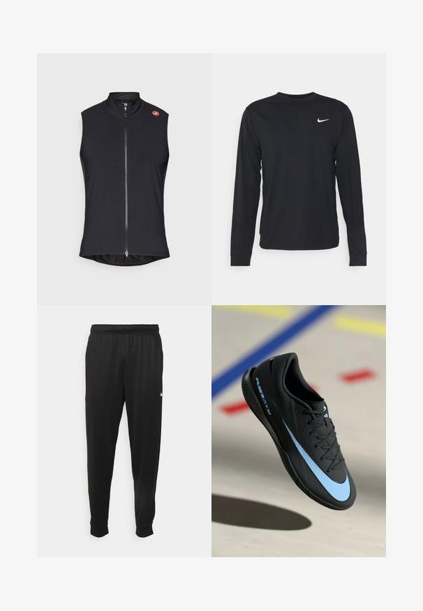 Juodas berankovis liemenė iš lygaus, elastingo audinio, turintis visą priekį užtrauktuką ir aukštą apykaklę; mažas logo kairiajame petyje.; Juodas ilgomis rankovėmis marškinėliai, pagaminti iš glotnaus audinio, su apvaliomis iškirptėmis ir mažu baltu Nike logotipu kairėje krūtinės pusėje.; Juodi sportiniai kelnės, pagamintos iš lygaus audinio, turinčios elastinę juosmenį, siaurėjantys sijonai ir mažas baltas logotipas kairėje pusėje.; Juodas sportinis batelis su mėlynomis detalėmis, tekstūruota paviršius, raišteliais užsegamas dizainas ir išskirtinis Nike logotipas. Guminis padas su sukibimo raštais.