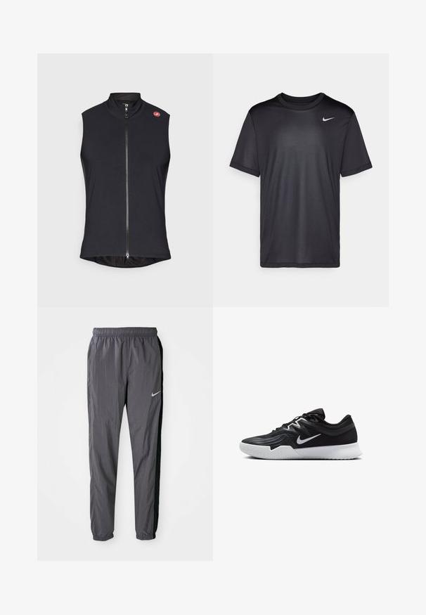 Črna brezrokavna jopica iz gladkega, raztegljivega materiala z napolnim zadrgo spredaj in visokim ovratnikom; majhna logotip na levem ramenu.; Črna športna majica s kratkimi rokavi, okroglim izrezom, narejena iz gladkega materiala. Ima majhen bel Nike logo na zgornji levi strani.; Nike teka hlače, narejene iz lahkega materiala, v temno sivi barvi z črnimi stranskimi paneli. Imajo elastični pas in odsevni znak.; Črne atletske čevlje z teksturirano zgornjico, belim Nike znakom in belim gumijastim zunanjim podplatom. Imajo vezalni dizajn in dinamično obliko.