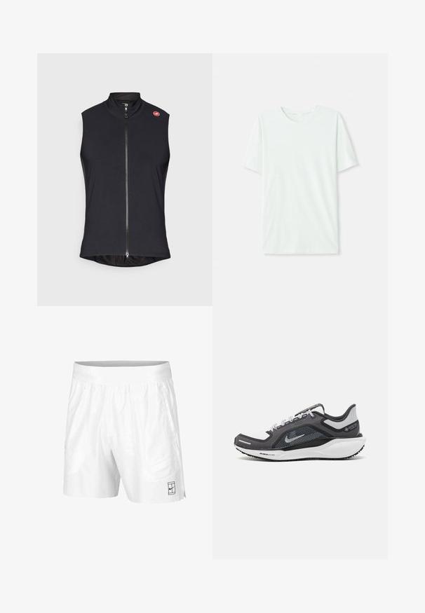 Fekete ujjatlan mellény sima, rugalmas anyagból, teljes előlapi cipzárral és magas gallérral; kis logó a bal vállon.; Világos menta zöld, rövidujjú póló, puha anyagból készült. Kerek nyakkivágással és egyszerű, egyenes szabással rendelkezik, díszítések nélkül.; Fehér atlétikai rövidnadrág, könnyű anyagból, rugalmas derékkal, két oldalsó zsebbel és egy kis fekete logóval az alján.; Fekete és szürke sportcipő, hálós felsőrésszel, fényvisszaverő részletekkel és fehér középtalppal. A talpa texturált gumiból készült, és fűzőkkel rendelkezik.
